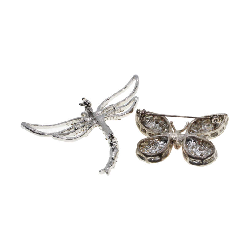 Brooch -  Silver Tone. Colourful Butterfly and Dragon Fly. Rhinestones. - ML2739