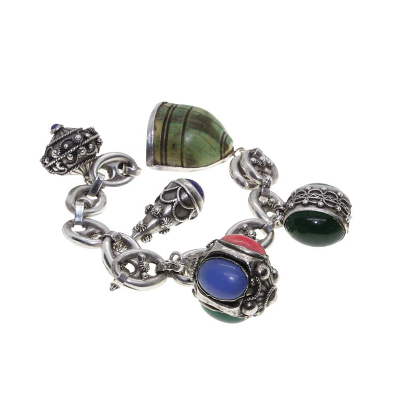Bracelet - Italian Silver Multi Colour Gem Stones Etruscan Revival Charm Bracelet - ML2744