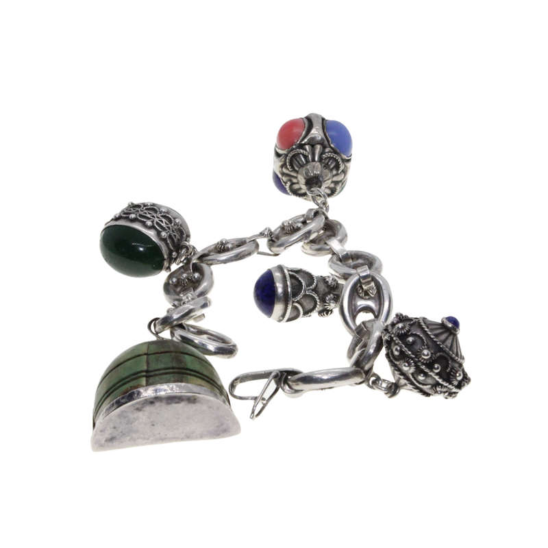 Bracelet - Italian Silver Multi Colour Gem Stones Etruscan Revival Charm Bracelet - ML2744