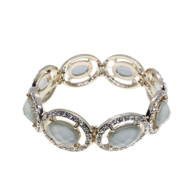 Bracelet - Gold Tone Oval Link Style with Pastel Green Stone and Surrounding Diamantes - ML2749