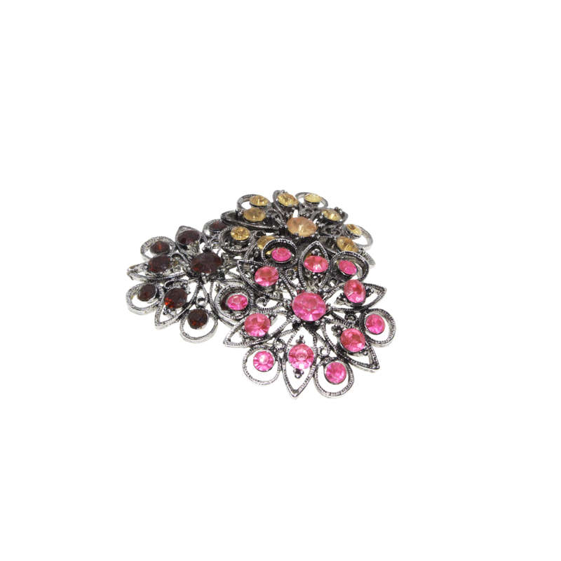 Brooch - 3 x Silver Tone Floral Style Assorted Colour Rhinestones - ML2750
