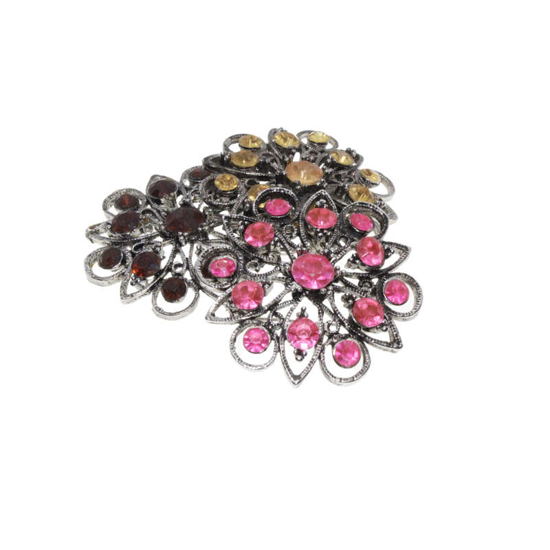 Brooch - 3 x Silver Tone Floral Style Assorted Colour Rhinestones - ML2750
