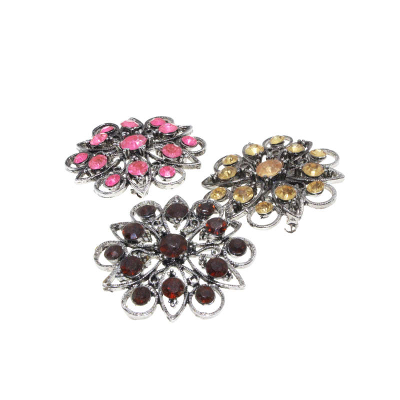 Brooch - 3 x Silver Tone Floral Style Assorted Colour Rhinestones - ML2750