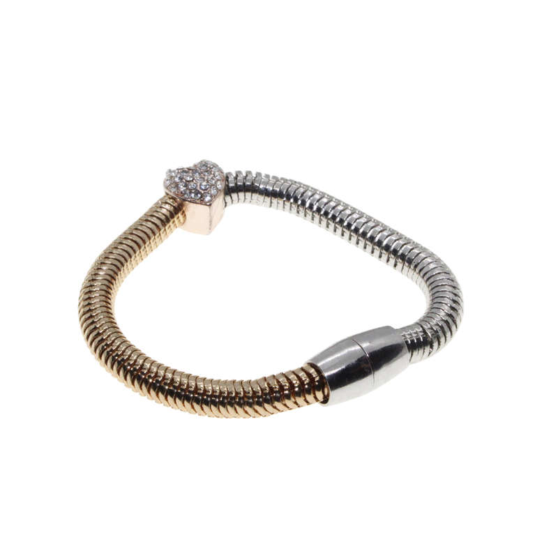 Bracelet - Two Tone (Silver/Gold) Bracelet with Diamante Heart, Magnetic Clasp - ML2751