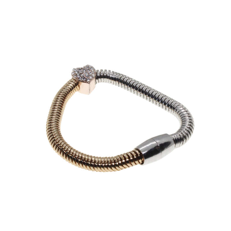 Bracelet - Two Tone (Silver/Gold) Bracelet with Diamante Heart, Magnetic Clasp - ML2751