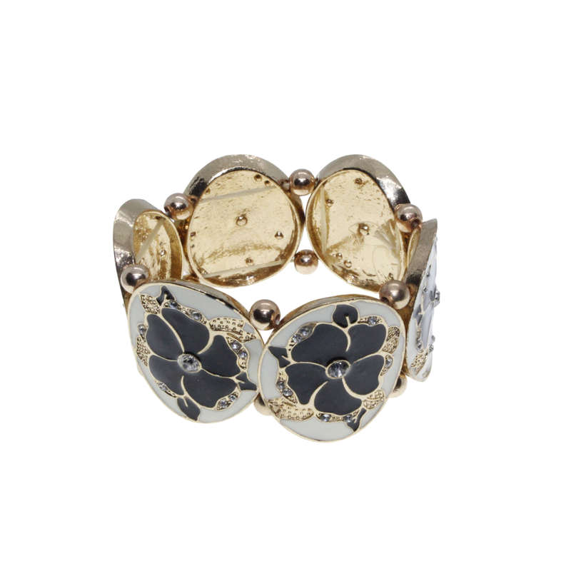 Bracelet - Gold Tone Stretch, White and Black Enamel Links and Diamante Centre - ML2752