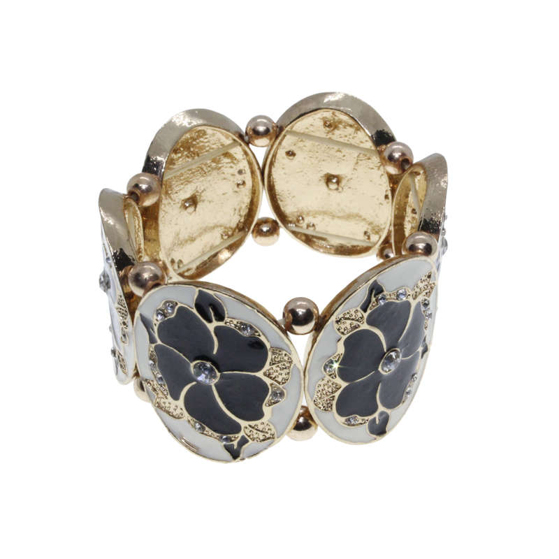 Bracelet - Gold Tone Stretch, White and Black Enamel Links and Diamante Centre - ML2752