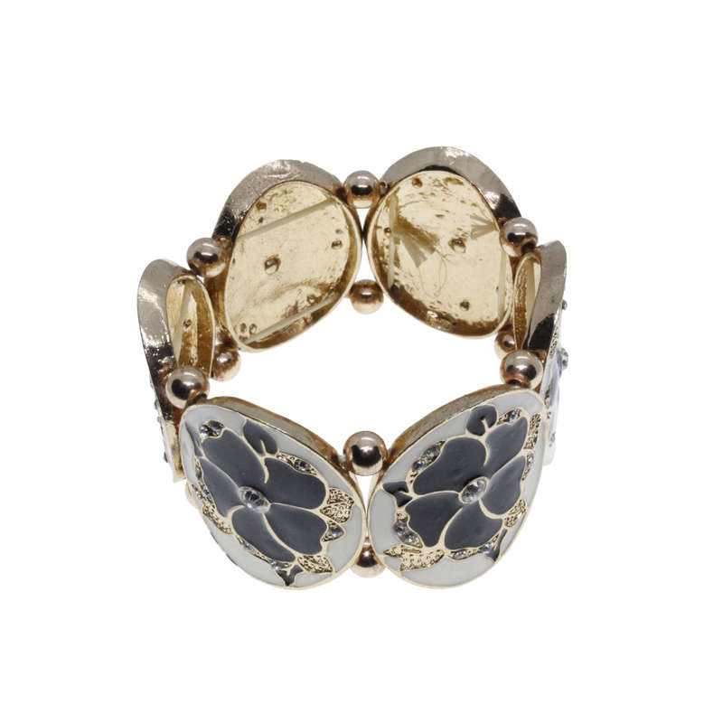 Bracelet - Gold Tone Stretch, White and Black Enamel Links and Diamante Centre - ML2752