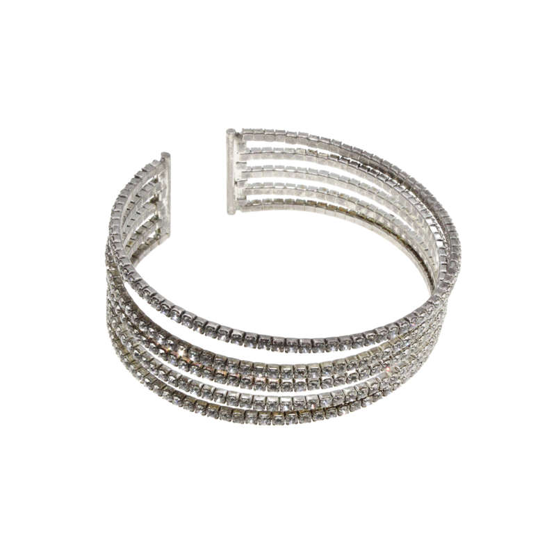 Bangle - Silver Tone 5 Strand Diamante Stretch Cuff - ML2753
