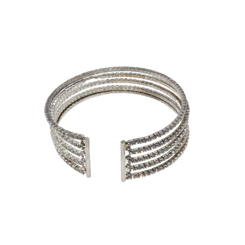 Bangle - Silver Tone 5 Strand Diamante Stretch Cuff - ML2753