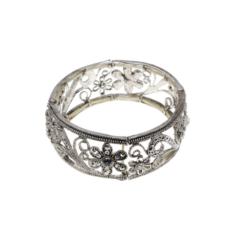 Bracelet - Silver Tone Floral Design Stretch Bracelet. Diamante Centre - ML2756