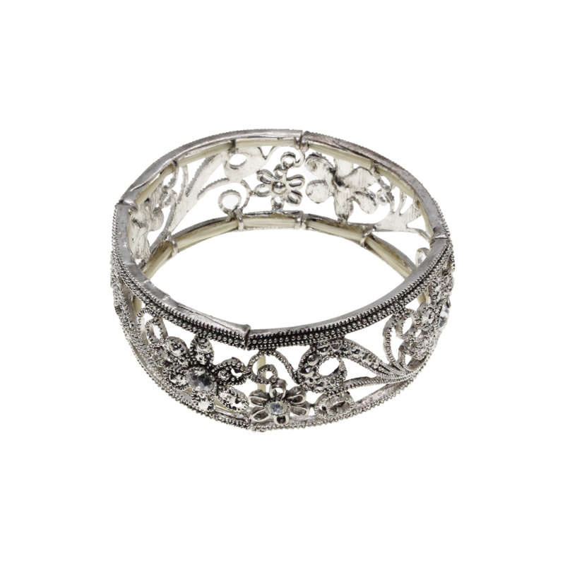 Bracelet - Silver Tone Floral Design Stretch Bracelet. Diamante Centre - ML2756
