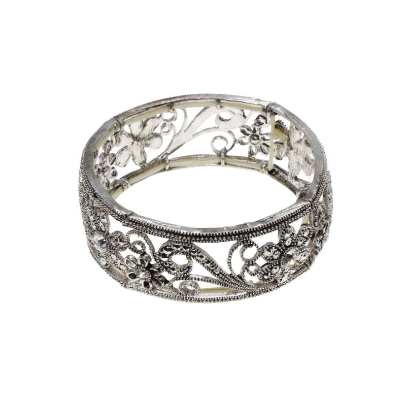 Bracelet - Silver Tone Floral Design Stretch Bracelet. Diamante Centre - ML2756