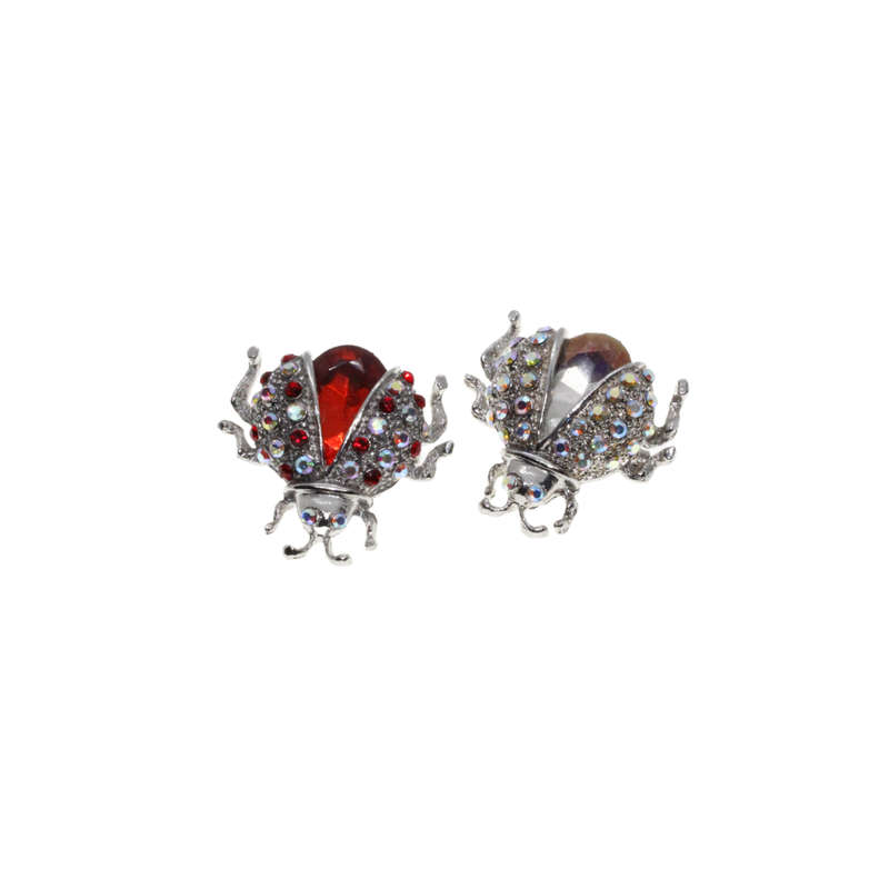 Brooch - 2 x Silver Tone Ladybugs with Assorted Colour Diamantes and Centre Stone - ML2760
