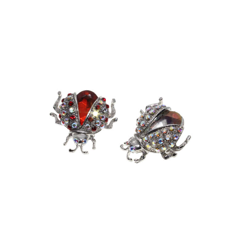 Brooch - 2 x Silver Tone Ladybugs with Assorted Colour Diamantes and Centre Stone - ML2760
