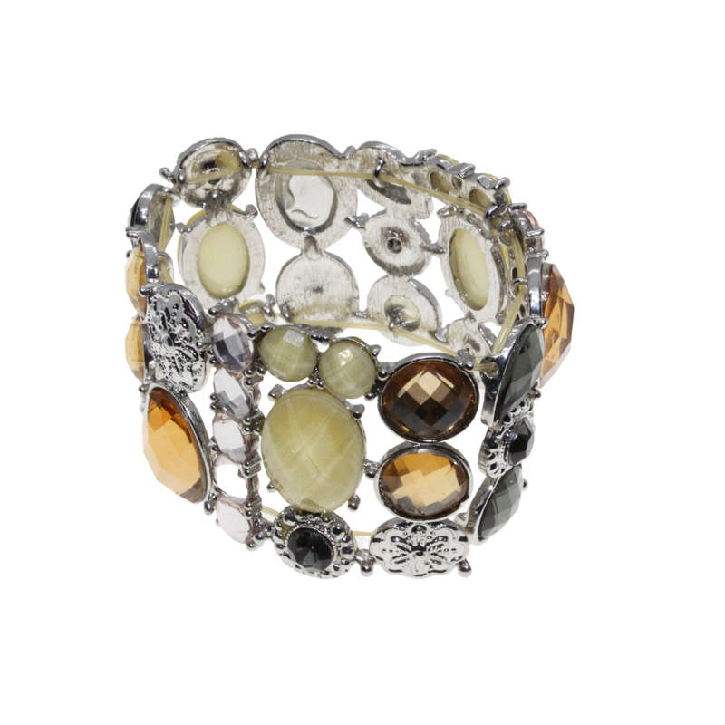 Bracelet - Silver Tone Expandable Bracelet. Multi-Coloured Rhinestones - ML2766
