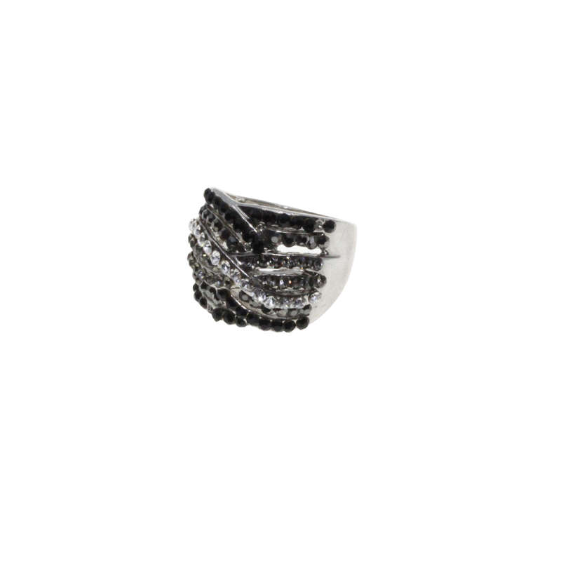 Ring - Silver Tone with Intertwined Rows of Assorted Colour Diamantes - ML2767