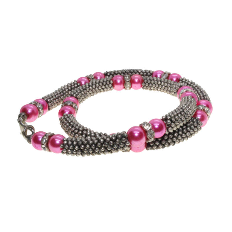 Necklace - Silver Tone Mesh Necklace. Faux Pink Pearls/ Diamante's. - ML2771