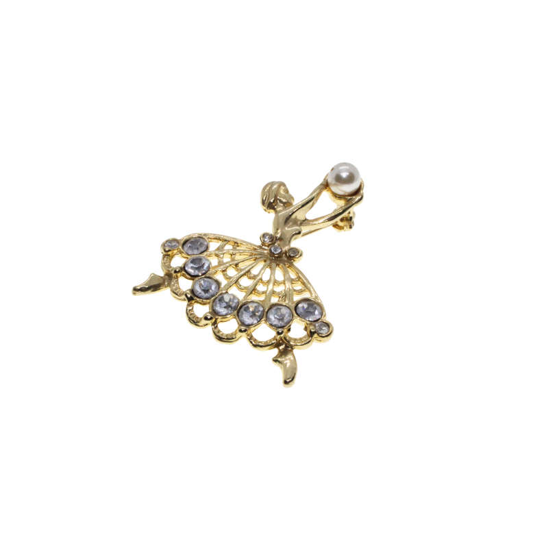 Brooch - Gold Tone Ballet Dancer with Diamantes holding a Faux Pearl - ML2773