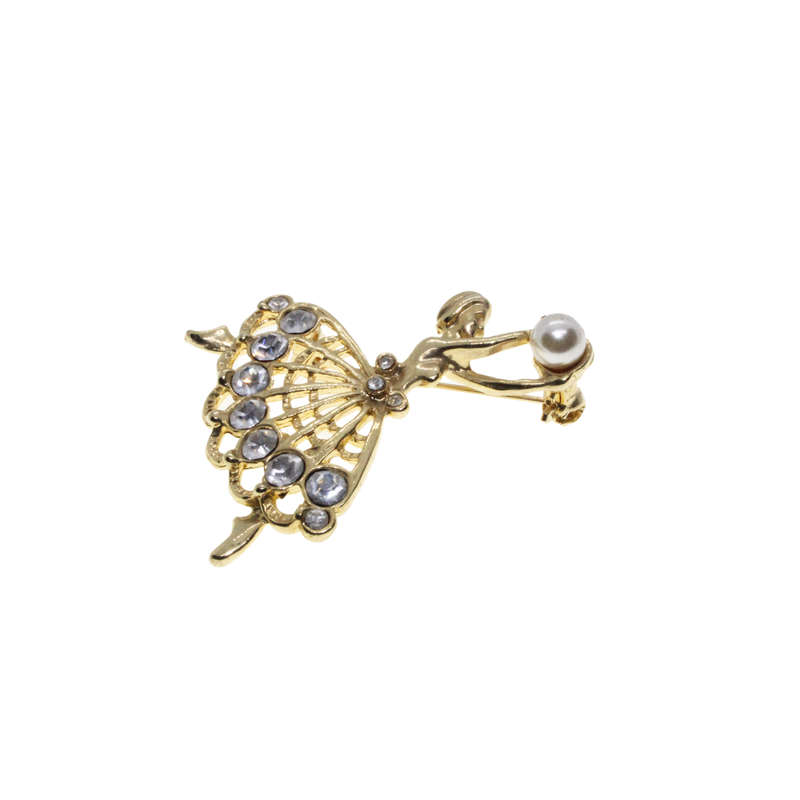 Brooch - Gold Tone Ballet Dancer with Diamantes holding a Faux Pearl - ML2773