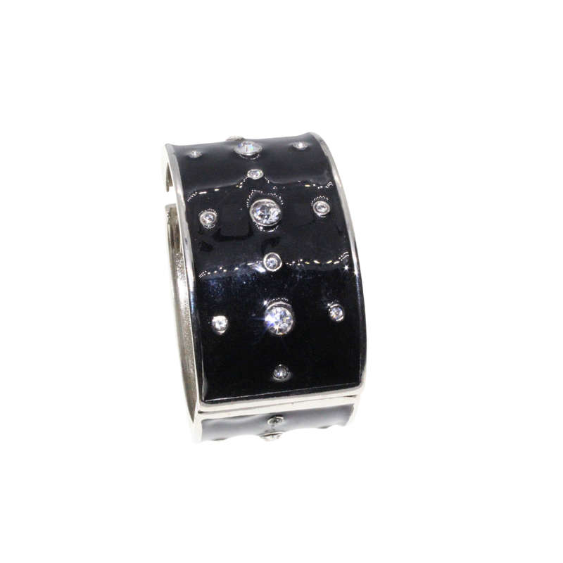 Bangle - Silver Tone Cuff Bangle Enamel Black with assorted size Diamantes - ML2775