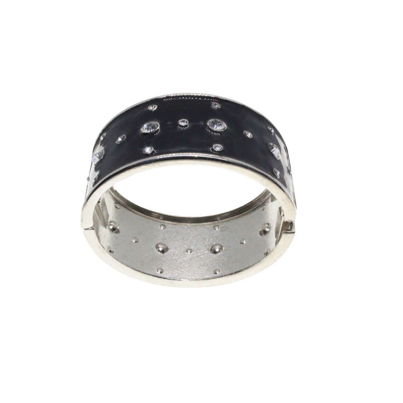 Bangle - Silver Tone Cuff Bangle Enamel Black with assorted size Diamantes - ML2775