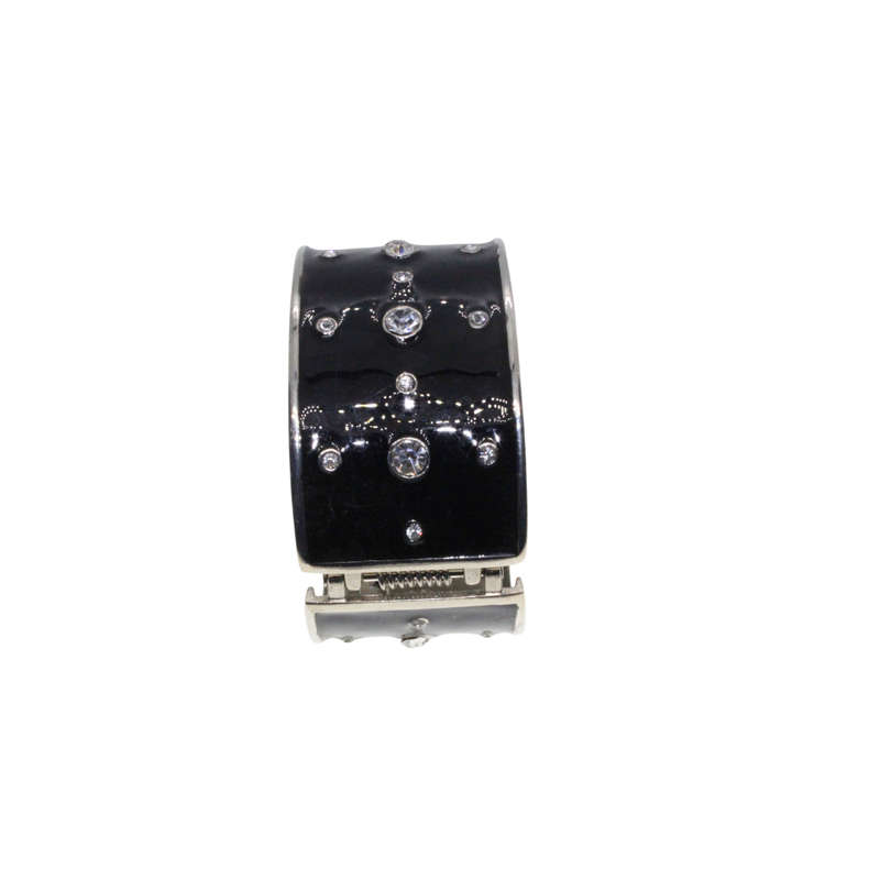 Bangle - Silver Tone Cuff Bangle Enamel Black with assorted size Diamantes - ML2775
