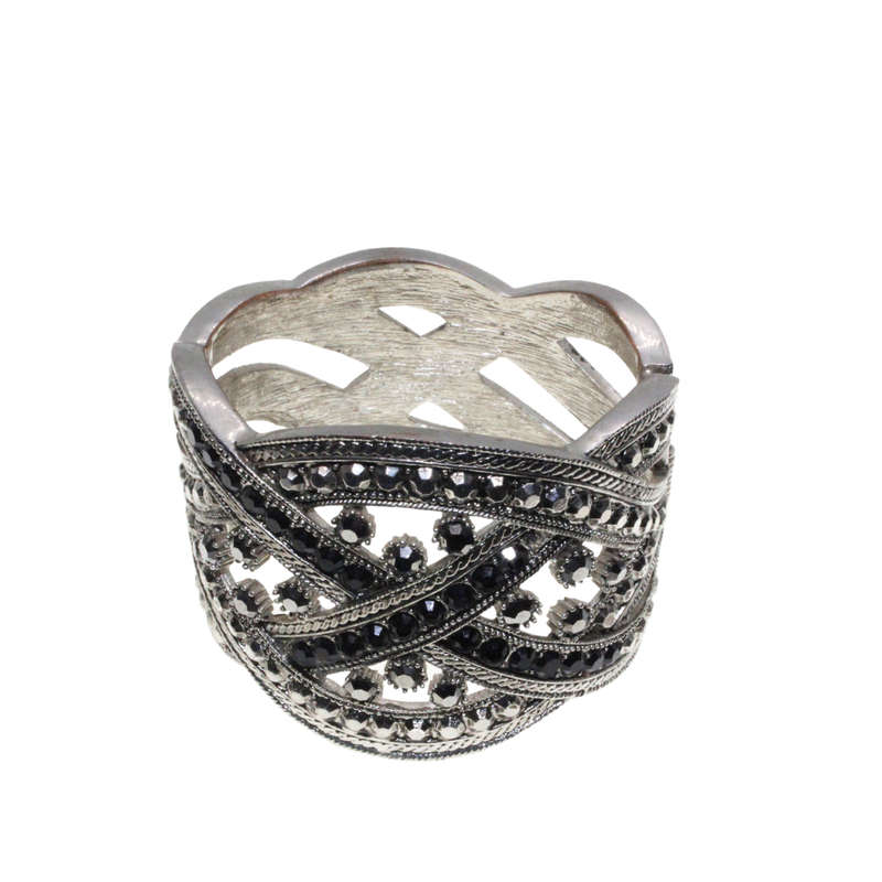 Bangle - Silver Tone Cuff. Plaited and Twisted. Black, Smoky Grey and Silver Diamantes - ML2776