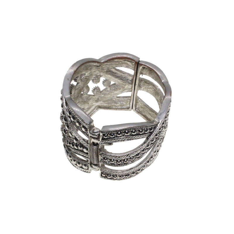 Bangle - Silver Tone Cuff. Plaited and Twisted. Black, Smoky Grey and Silver Diamantes - ML2776