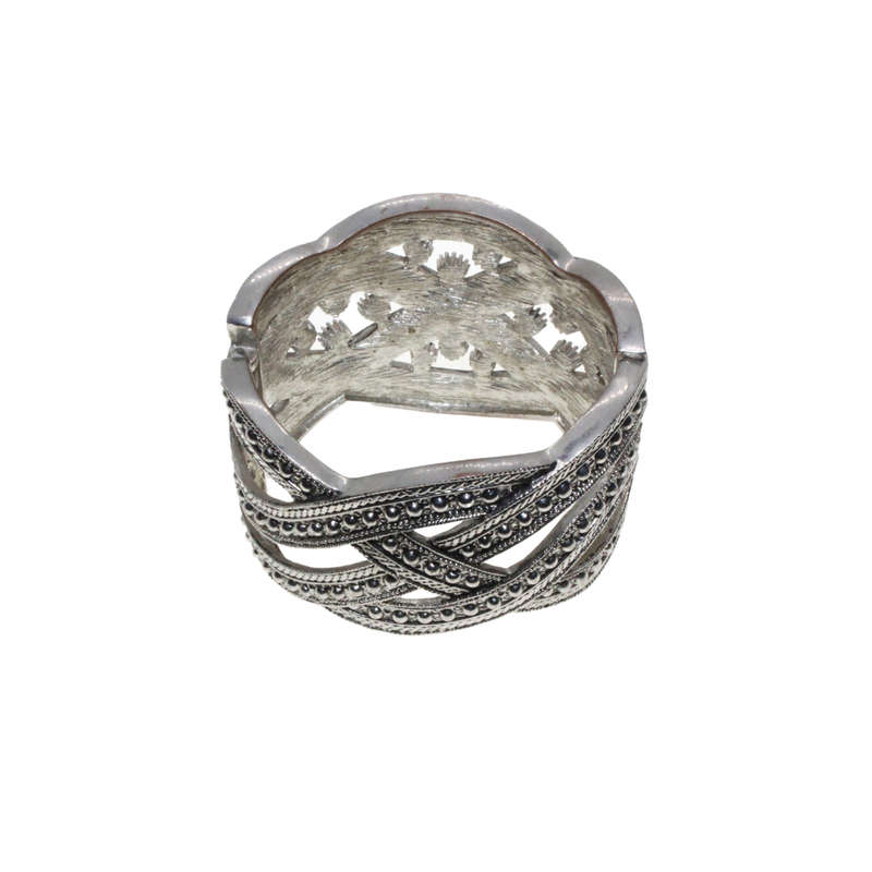 Bangle - Silver Tone Cuff. Plaited and Twisted. Black, Smoky Grey and Silver Diamantes - ML2776