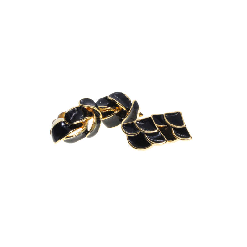 Earrings - Gold Tone and Black Vintage Enamel Clip on Earrings / Pierced Ears - ML2781