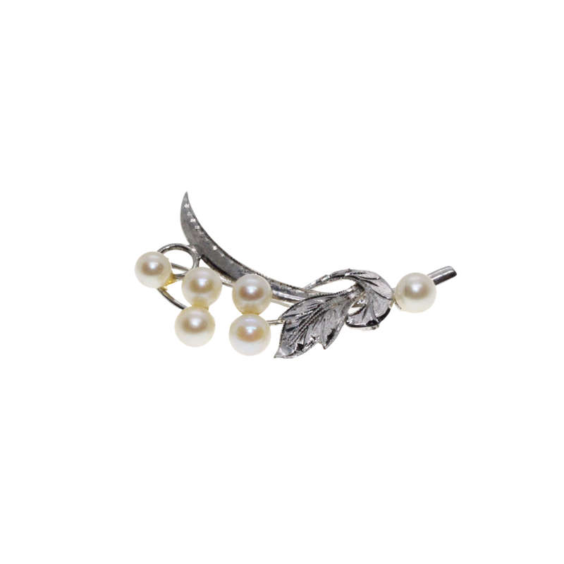 Brooch - Silver Tone Faux Pearl Leaf Flower - ML2787