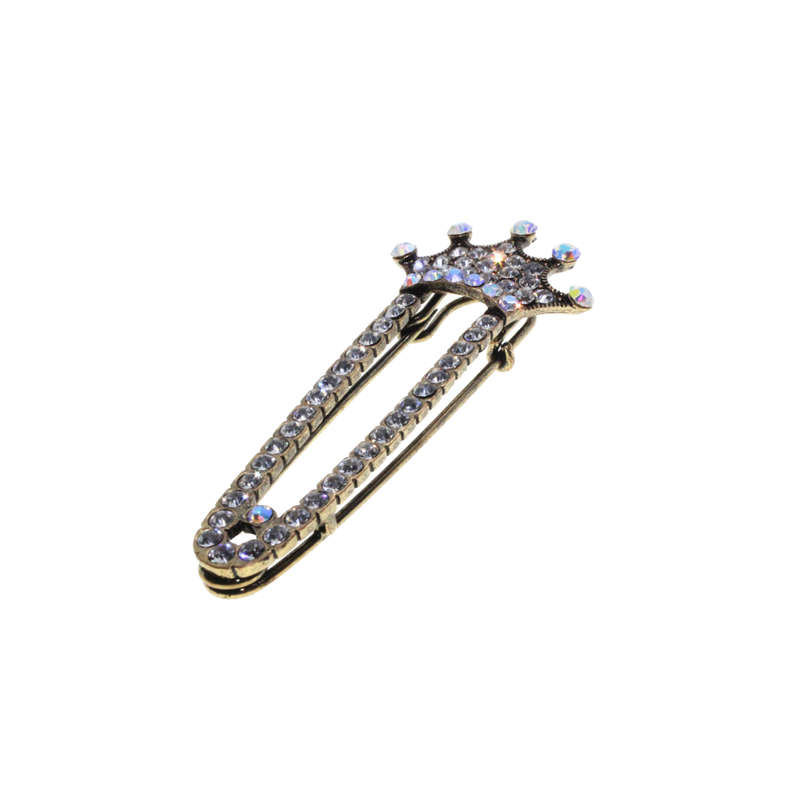 Brooch - Brass Tone Fashion Large Cardigan Diamante Crown Brooch - ML2789