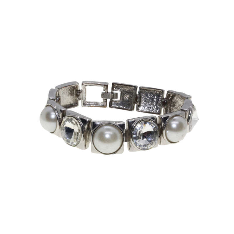 Bracelet - Silver Tone. Faux Pearl and Clear Stones mounted in Silver Squares. Bracelet - ML2805