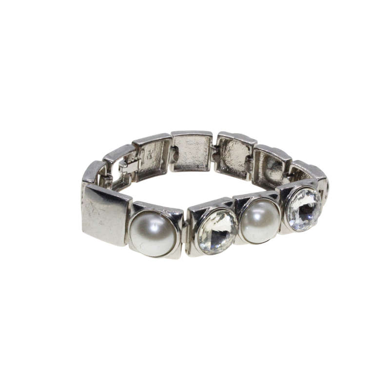 Bracelet - Silver Tone. Faux Pearl and Clear Stones mounted in Silver Squares. Bracelet - ML2805