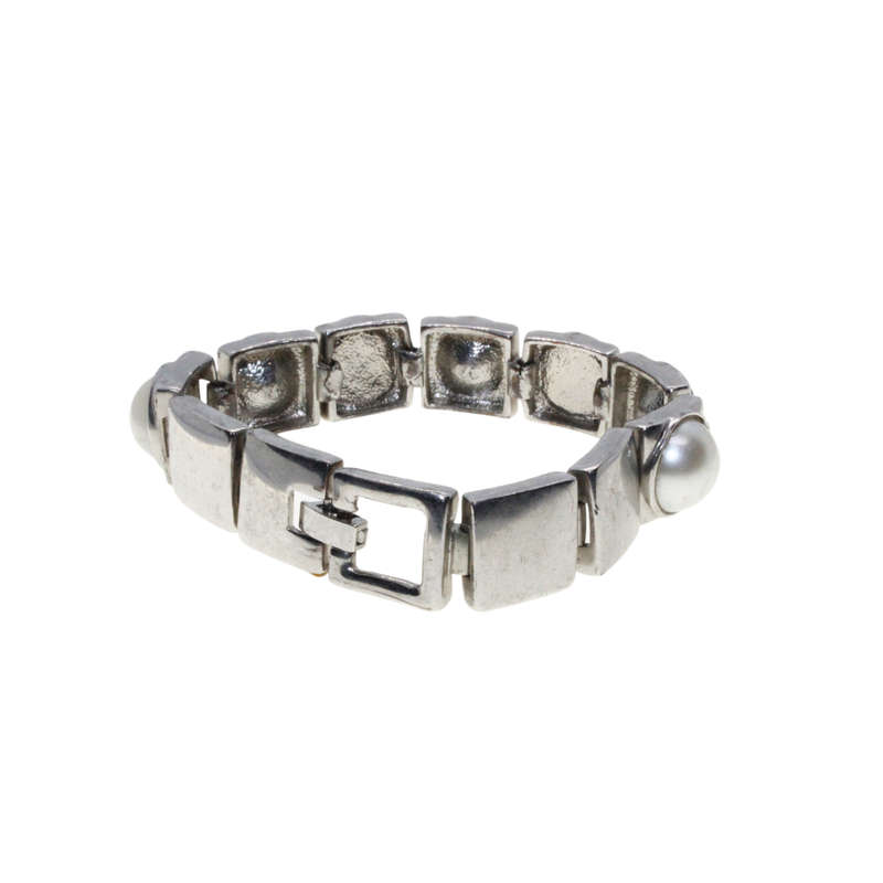 Bracelet - Silver Tone. Faux Pearl and Clear Stones mounted in Silver Squares. Bracelet - ML2805