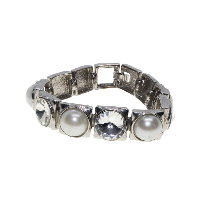 Bracelet - Silver Tone. Faux Pearl and Clear Stones mounted in Silver Squares. Bracelet - ML2805