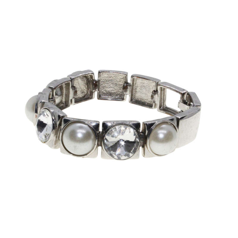 Bracelet - Silver Tone. Faux Pearl and Clear Stones mounted in Silver Squares. Bracelet - ML2805