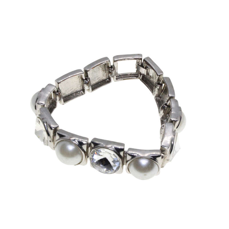 Bracelet - Silver Tone. Faux Pearl and Clear Stones mounted in Silver Squares. Bracelet - ML2805