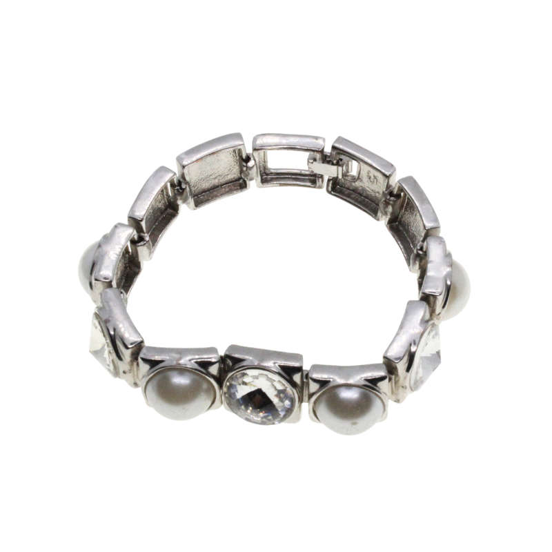 Bracelet - Silver Tone. Faux Pearl and Clear Stones mounted in Silver Squares. Bracelet - ML2805