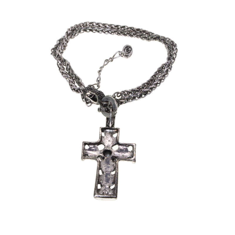 Necklace - Silver Tone Ornate Cross Pendant. Large Centre Clear Stone & Diamantes. Chain - ML2806