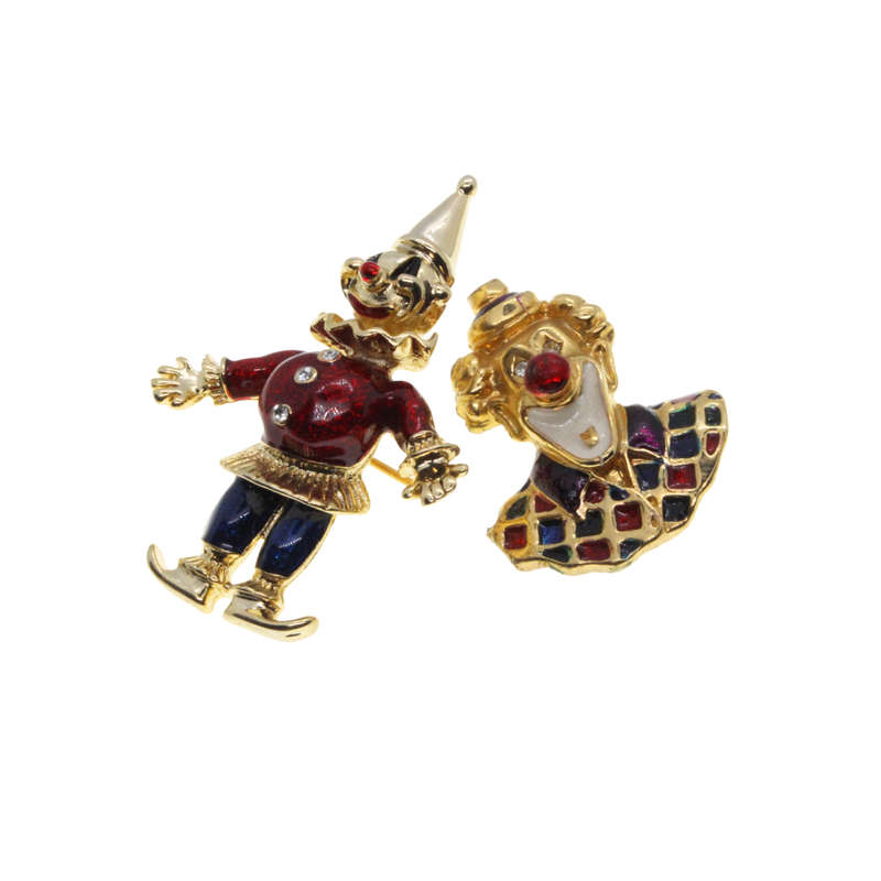 Brooch - Gold Tone Colourful Clowns with Diamantes - ML2812