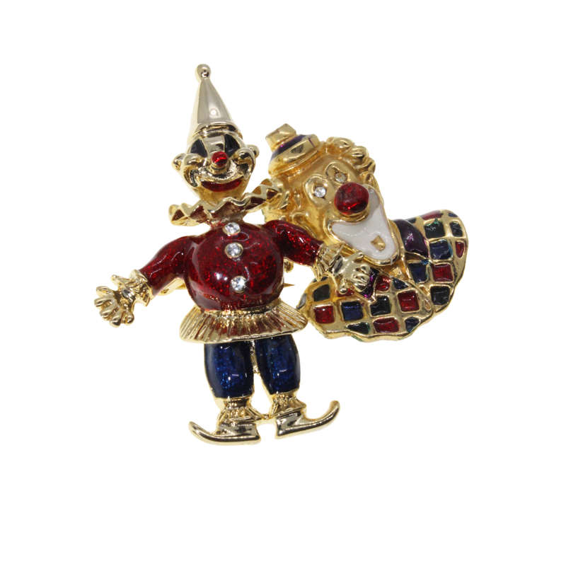 Brooch - Gold Tone Colourful Clowns with Diamantes - ML2812