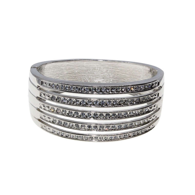 Bangle - Silver Tone Cuff Bangle Solid with strips of Diamantes - ML2813