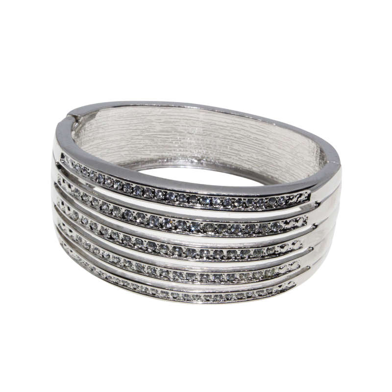 Bangle - Silver Tone Cuff Bangle Solid with strips of Diamantes - ML2813
