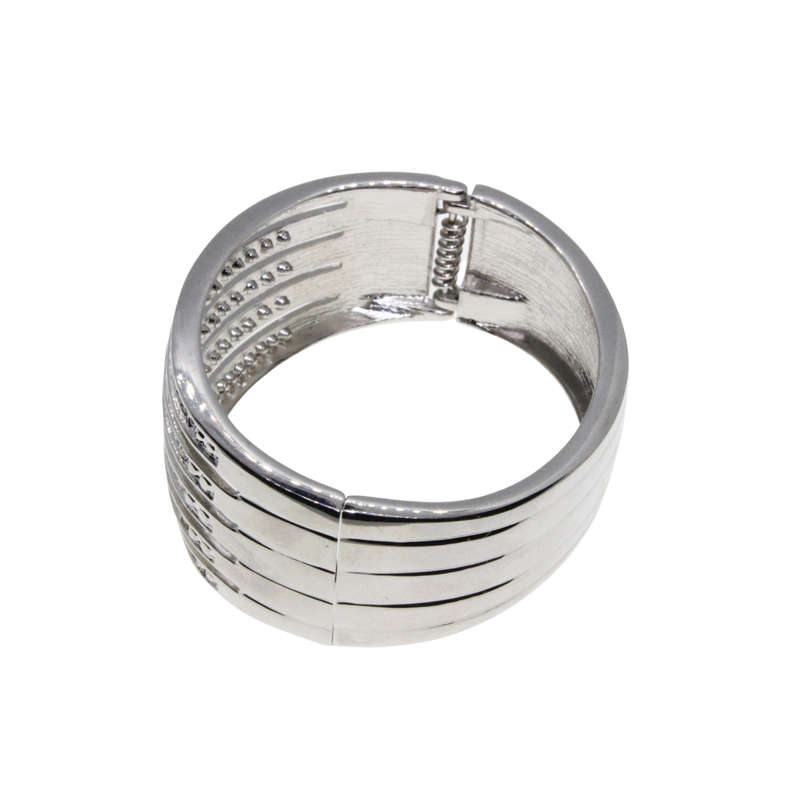 Bangle - Silver Tone Cuff Bangle Solid with strips of Diamantes - ML2813