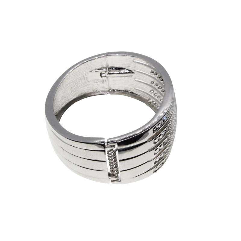Bangle - Silver Tone Cuff Bangle Solid with strips of Diamantes - ML2813