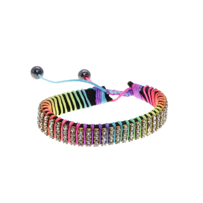 Bracelet - Rainbow Coloured Cotton/Leather and Diamante Adjustable Bracelet - ML2815