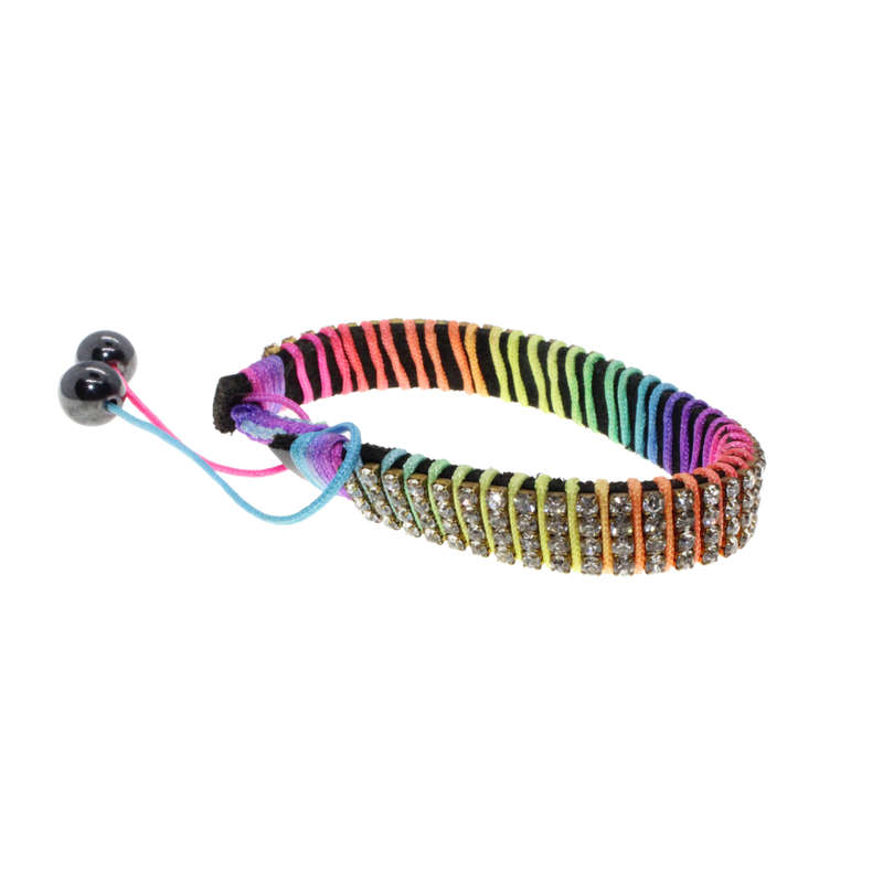 Bracelet - Rainbow Coloured Cotton/Leather and Diamante Adjustable Bracelet - ML2815