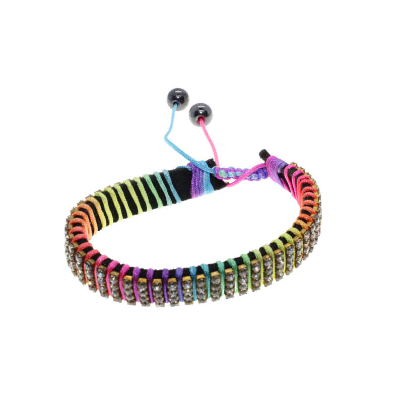 Bracelet - Rainbow Coloured Cotton/Leather and Diamante Adjustable Bracelet - ML2815